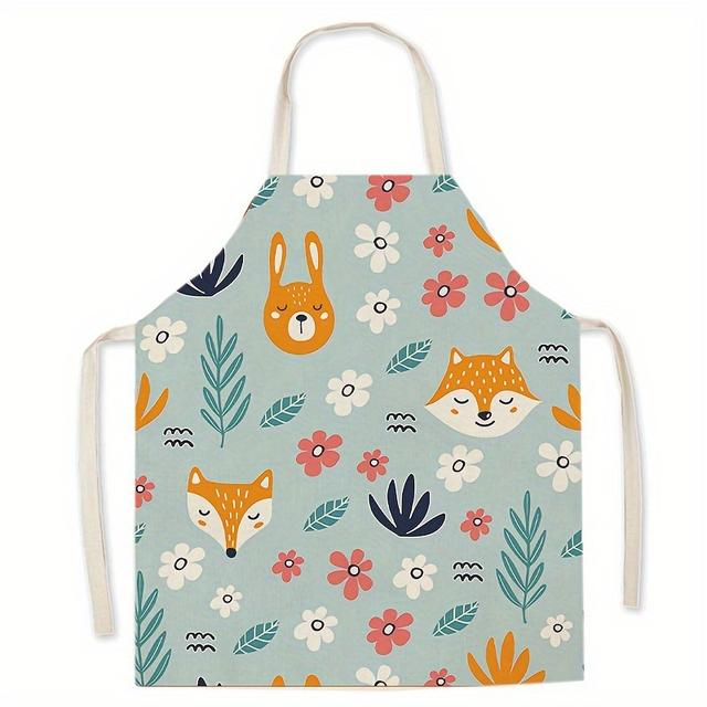 TEMU 1pc Fox Print Kids' Apron - Vibrant Orange And With Foxes, Trees, And Flowers, Polyester, Long Sleeve, Kitchen Apron For Cooking And Baking, Baking Apron| Design|durable Apron, Apron For Kids