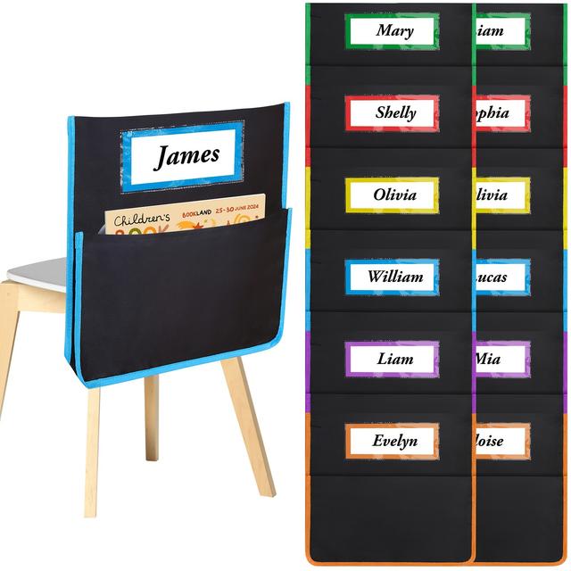 TEMU Stuhltaschen für den Klassenzimmer 16x17 Zoll Buddy Pocket Chart Sitzlehnen-Organizer mit Namensschildern – Aufbewahrungsorganizer für Stühle (12 Sets)
