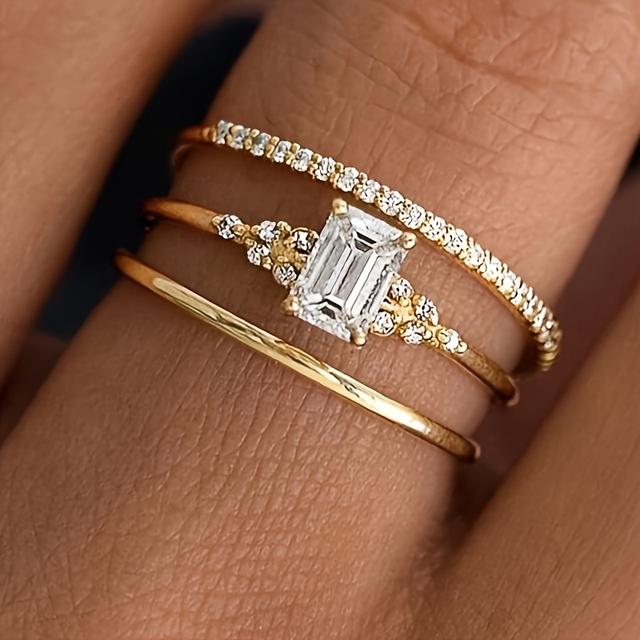 TEMU 3pcs/ Set Fashion Stacked Rings Golden Synthetic Zirconia Rings Set For Women Daily Party Holiday Personality Ring Jewelry