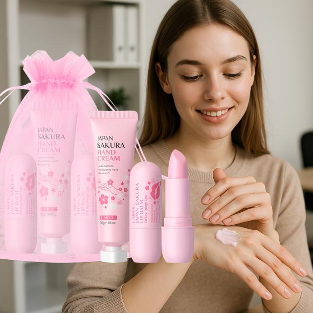 TEMU Laikou Sakura Hand Cream & 2pcs Lip Balm Gift Set, Includes Organza Bag, Ideal For Wedding Favors, Valentine's Day, New Year Party Gifts, Deep Moisturizing Lip Mask, Vitamin C & Niacinamide