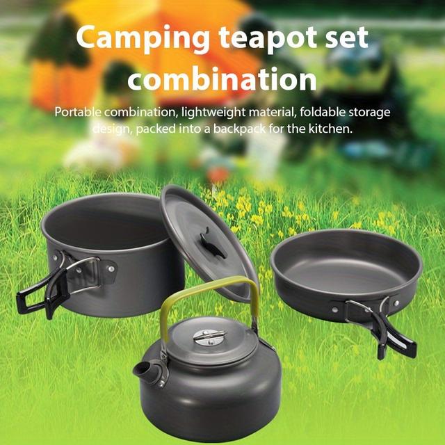 TEMU Set Of 3 Portable Cooking Utensils For Camping, Made Of Aluminum, Featuring A Pot, A Pan, And A Kettle, Ideal For Hiking And Outdoor Picnics.