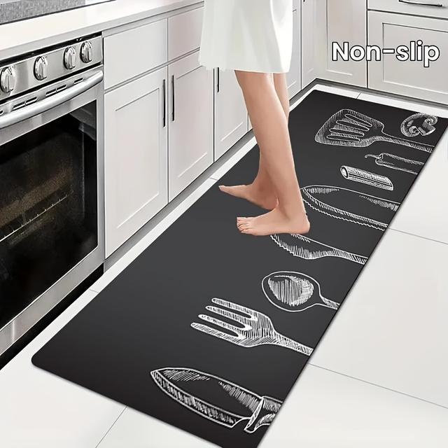 TEMU Jit1pc Thick 1.1cm Kitchen Mat, Featuring A Gray Tableware Pattern Print. This Mat Is Thick, Durable, And Suitable For The Kitchen, Living Room, Hallway, Balcony, And Home Decor