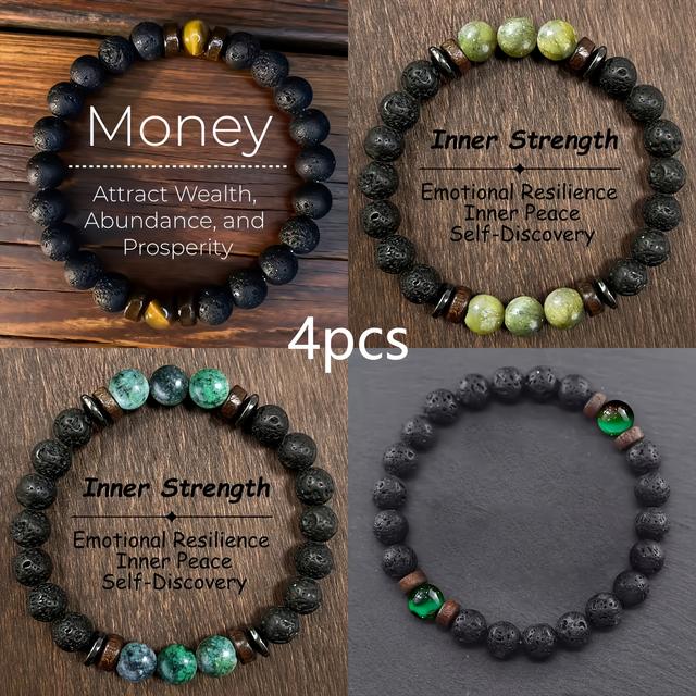 TEMU Set Of 4 Men's Bracelets Featuring Green, Yellow, Brown, And Black Beads; Durable Casual Additions, Perfect For Christmas Or Holiday Gifts (unisex)
