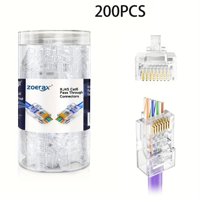 TEMU Zoerax Cat6 Rj45 Pass Through Connector 200 Pack - Ez Cat 6 Pass Through Rj45 Connectors - Cat 6 Connectors - Ethernet Connector, Ethernet Plug For Solid Or Utp Network Cable