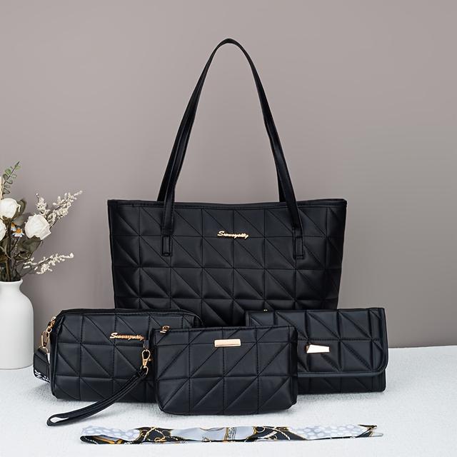 TEMU Lightweight, Minimalist, Large-capacity Handbag Four-piece Set, Trendy And Fashionable Rhombus Design, Versatile Light Luxury Simple Tote Bag