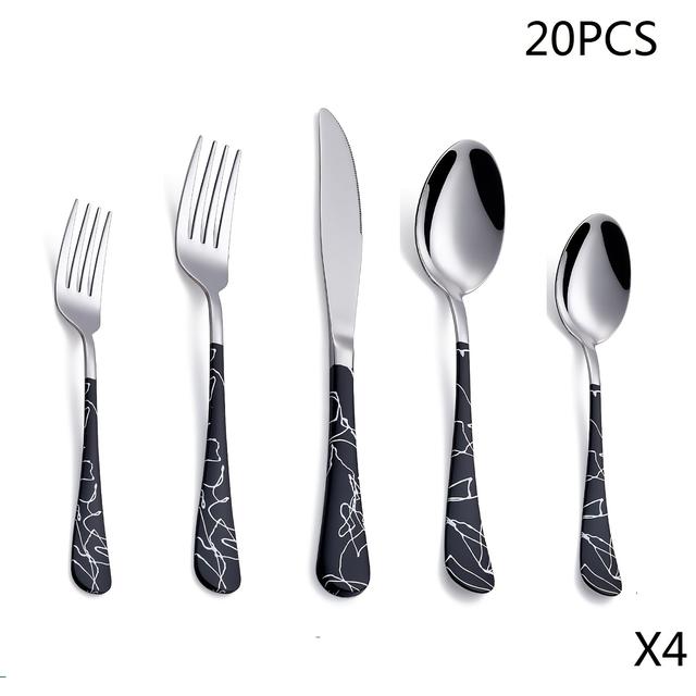 TEMU 5/ Stück Set von schwarzen, gekräuselten Besteckstücken, Edelstahl-Besteck, schwarzes Set von 5 Abendessenmesser, Gabeln, Löffeln, Besteckset, spülmaschinenfest