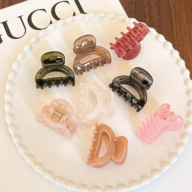 TEMU 8pcs Small Semi-circle Hair Claw Clips - Korean Plastic, Transparent & Solid Colors (brown, Red, Black, White, Pink), Elegant/ For High Buns, Showers, And Everyday Use, Hair Clips