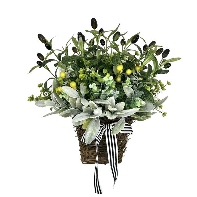 TEMU Rustic Farmhouse Flower Basket & Wreath - Olive Greenery With Dried Flowers, Welcome Door Decor For Spring, Summer, And 's Day, Durable Plastic With Burlap Bow Accent, Outdoor Decor