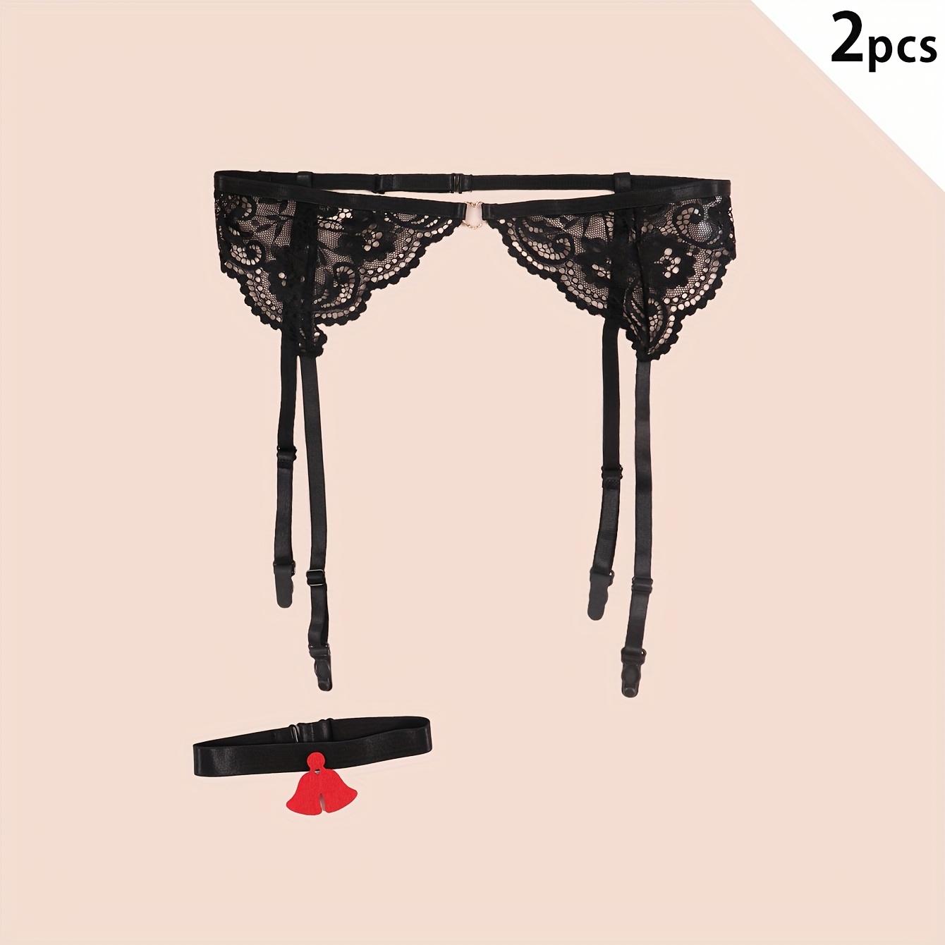 TEMU 2pcs Black Sexy Garter Belt With Leg Garters, Lace And Mesh Suspender Choker Set, Women's Lingerie For Romantic Nights, 1 Suspender + 1 Choker/ Leg Garter