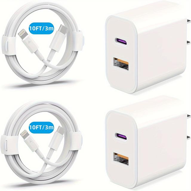 TEMU [mfi Certified]2 Pack Charger For Iphone Charger, 20w Dual Port Qc + Pd 3.0 Power Adapter Charger Block With 10ft Type C To Lightning Cable For Iphone 14 11 Pro Max Xr Xs X, Ipad More