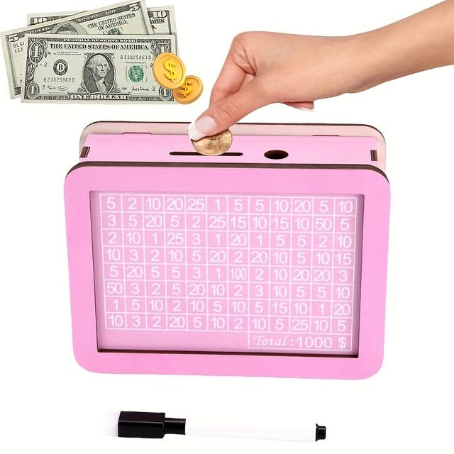 TEMU 1 Pièce Coffre à Argent DIY en Bois Rose avec Symbole du Dollar, Réutilisable et Écrivable - Adapté aux Pièces et Billets