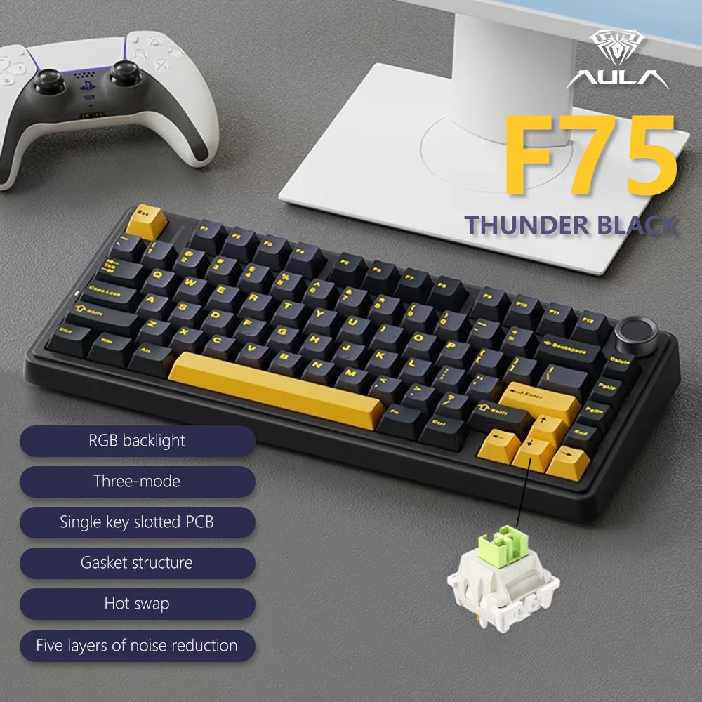 TEMU Aula Mechanical Keyboard With A 75% Layout, Wireless Hot-swappable Gaming Keyboard Featuring 5 Padding And A Knob, Supports Wireless/2.4ghz/usb-c, Rgb Lighting