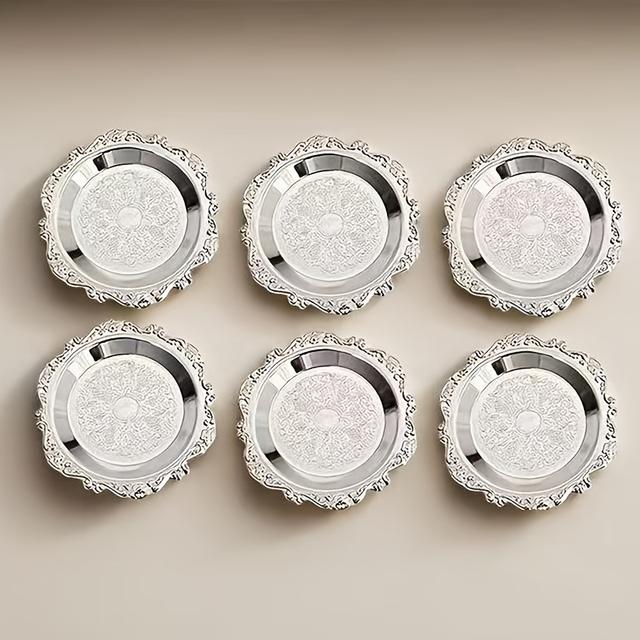 TEMU 6pcs Set Durable Metal Patterned Small Trays - Suitable For Coaster, Storage, Dessert Plate Nut Tray For Placing Items Table Decoration