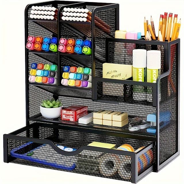 TEMU 1pc Mesh Pen Holder Organizer With Drawer, Multi-functional Pencil Holder For Desk, Desk Organizers And Accessories For Office School Art Supplies