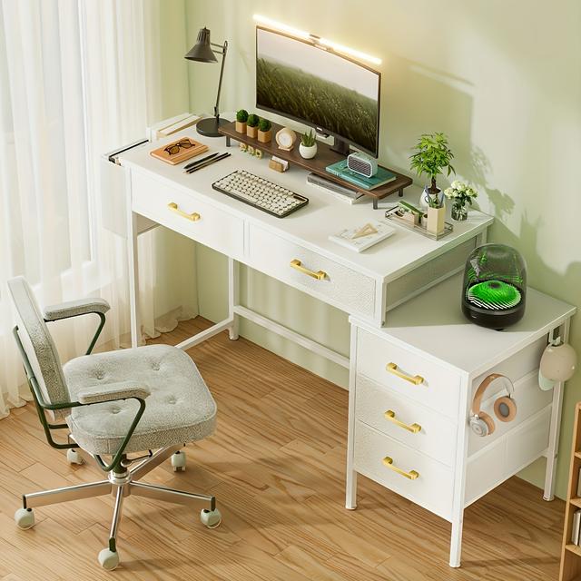 TEMU Bureau de maison, table pour imprimante, bureau d'ordinateur avec 5 tiroirs en tissu, bureau d'ordinateur avec armoire, poche latérale et crochet pour casque, blanc