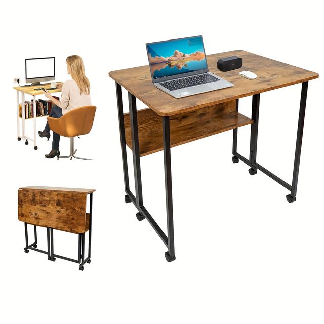 TEMU Folding Table Small Desk With Wheels, Foldable Small Cmputer Table With Shelf, Easy Assembly, Work Table For Home Office, Space-saving, For Office, Bedroom, Living Room, Rustic(80 X 58 X 75cm)