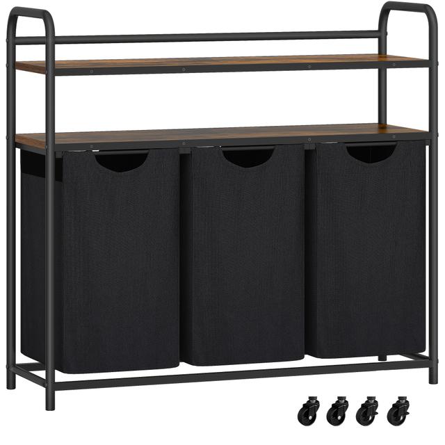 TEMU Wasmand met 3 Vakken, 3 X 46L, Wasmand met 2 Planken, Was Sorteerder, Uitschuifbare en Verwijderbare Zakjes, Per Zakje, 46 Liter, voor Badkamer, Wasruimte, Vintage, Wasmanden