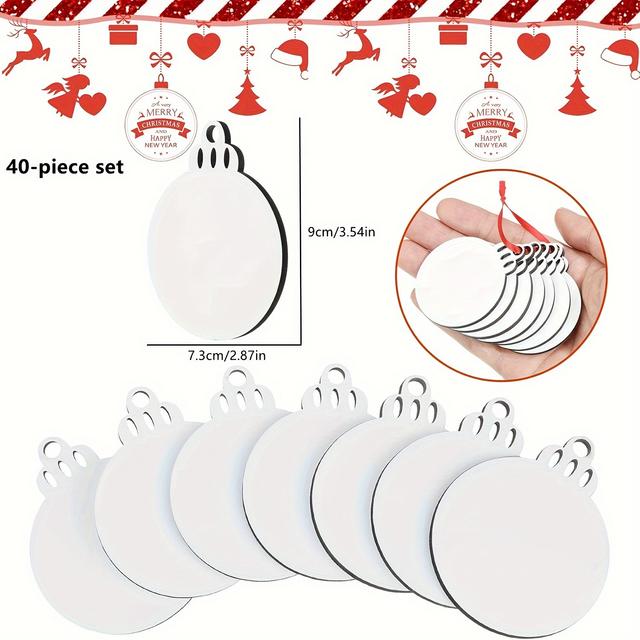 TEMU Ensemble de 40 ornements ronds de sublimation comprenant un transfert thermique MDF avec une ficelle rouge pour la fabrication de bijoux, cadeaux de boules de Noël.