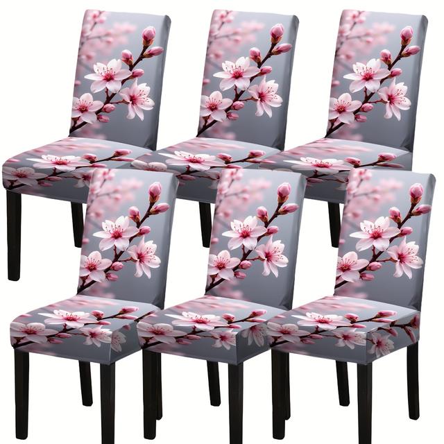 TEMU Set Of 4/6 Elastic Dining Chair Covers In Modern Gray-pink Cherry Print, Suitable For Home Decor, Featuring A 2d Flat Pattern For Furniture Protection