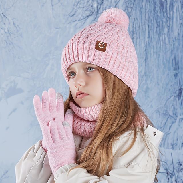 TEMU 3pcs 's Hat, Gloves, And Scarf Set For Winter - Unisex Knitted Ear-warming Outdoor Accessories With Extra Fleece