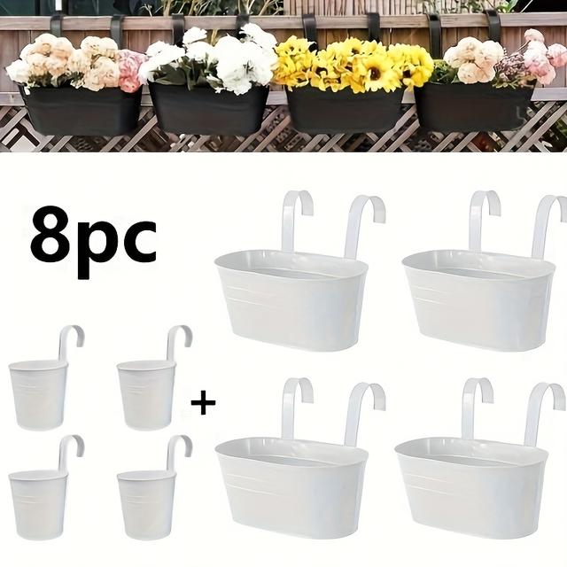 TEMU Set da 8 vasi da fiori in metallo per , per balcone e , in ferro, con di drenaggio e ganci, da parete.