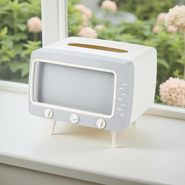 TEMU حامل علبة مناديل متعدد الوظائف بتصميم تلفزيون رجعي 1/2 مع حامل هاتف - موزع بلاستيكي مستطيل لتزيين المنزل والمكتب - زينة للهالوين والكريسماس، حامل هاتف لطيف وعملي، حامل فوط صحية، مناسب للحمام