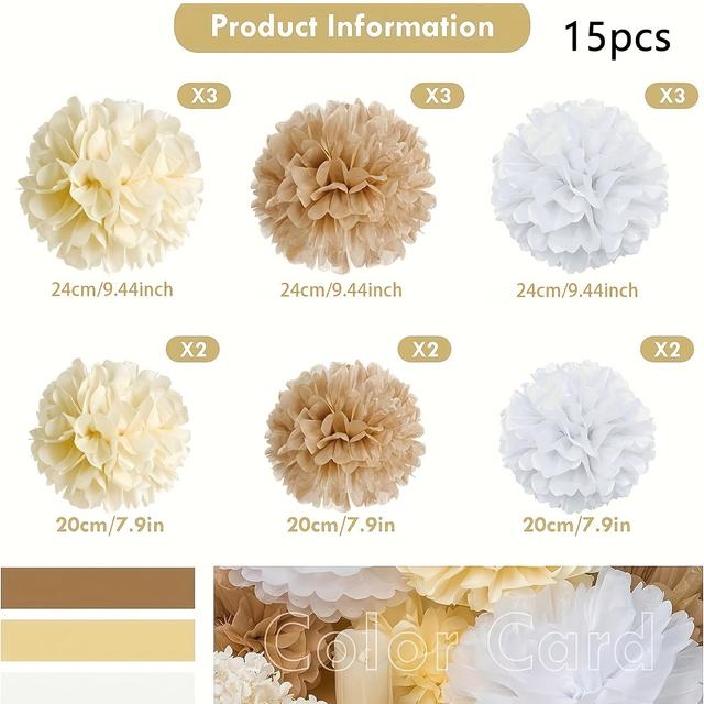 TEMU 15個セット ボホペーパー ラルシェードデコレーション - シャンパン＆のふわふわティッシュフラワー 結婚式、誕生日、婚約、ブライダルシャワーなどに - 電気不要の多目的パーティーデコレーション、ハロウィンデコレーション、クリスマスデコレーション