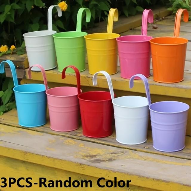 TEMU 3er-Set Metall-Blumentöpfe - Balkon-Wandbehangpflanzgefäße mit Griffen, Ländliche Gartendekoration für Innen- und Außenbereich - Zufällige Farbe