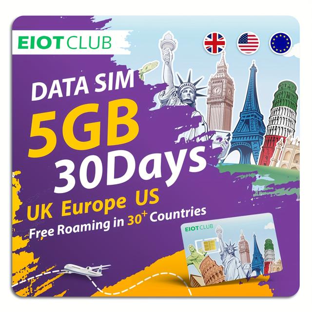 TEMU Data Sim Card, 5gb Valid For , Data- Sim For The Usa And 33 European , Number Required, No , Rechargeable, Compatible With Portable