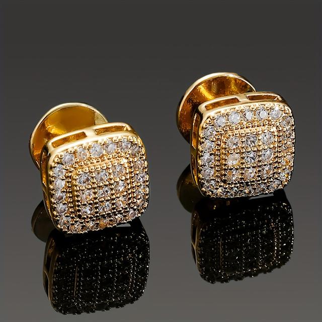 TEMU زوج من أزرار الأكمام الرجالية الأنيقة بلون ذهبي مع زركونيا لامعة - تصميم مربع أنيق من النحاس، مثالي لمظهر أنيق