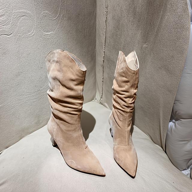 TEMU Botas de media caña color Niche Design, tacón punta de aguja y pliegues, botas personalizadas de otoño 2025 para mujer, zapatos de mujer