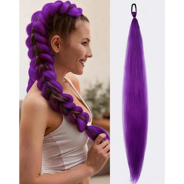TEMU 28 Inch Purple Braided Wig With Elastic Women's Hair Extensions, Ombre Purple Braided Ponytail, Synthetic Material