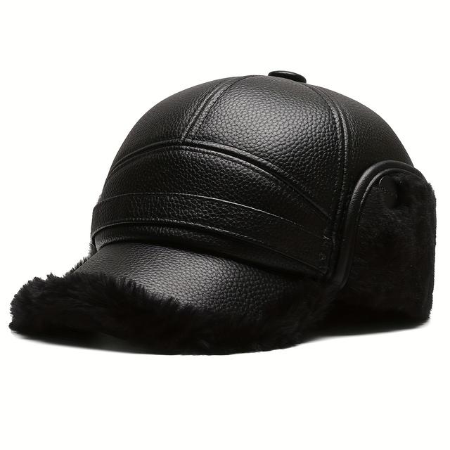 TEMU Men's Winter Warm Fleece-lined Hat, Made Of Synthetic Leather With A Multifunctional Neck For - Suitable For Young To Middle-aged Individuals.