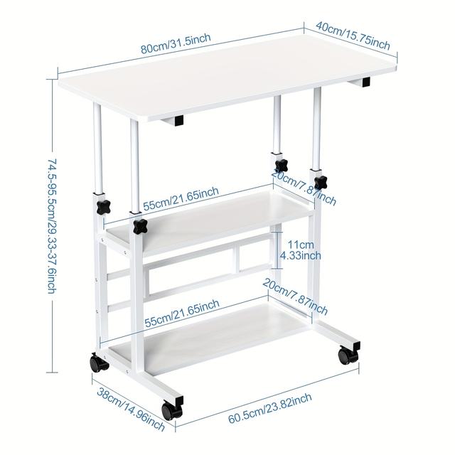 TEMU Table de Travail Mobile Réglable en Hauteur avec Roues Verrouillables et Étagère 2 Niveaux - de Travail Roulant pour Lit/Bureau, Bureau (75-96cm) 80x40cm