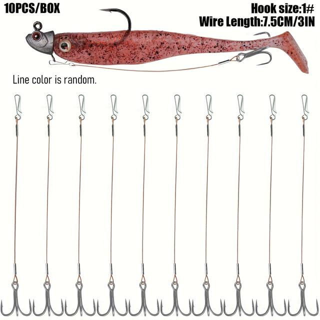 TEMU 10pcs/box Treble Hook Rig For Fishing Lure Jig Heads, Fishing Leader Nylon-coated Stainless Steel Wire , Trolling Hooks, Trailer Hooks, Shallow Rig For Pike Walleye