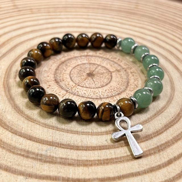 TEMU Ankh Bracelet The Tiger Eye & Green Aventurine 8mm Round Natural Stone Handmade Beads Eternal Life & Luck Men's And Women's Retro Bohemian Jewelry Accessories Exquisite Gift