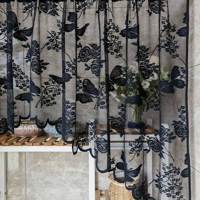TEMU 1枚 レース蝶々ルシアーカーテンバランス フレンチロッドポケット窓ドレープ カフェ、キッチン、リビン用 小窓ハーフカーテン