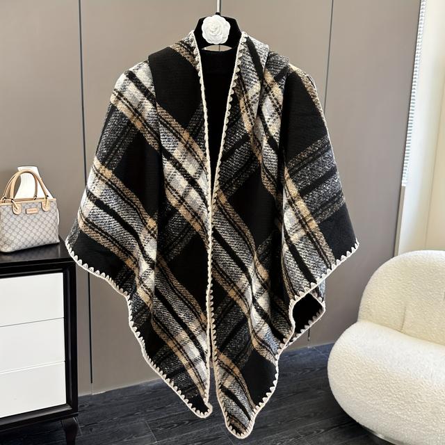 TEMU 1pc Women's Winter Plaid Scarf Cape - Thick Warm Shawl For Casual , Polyester, Lightweight & Windproof, Hand Wash Only