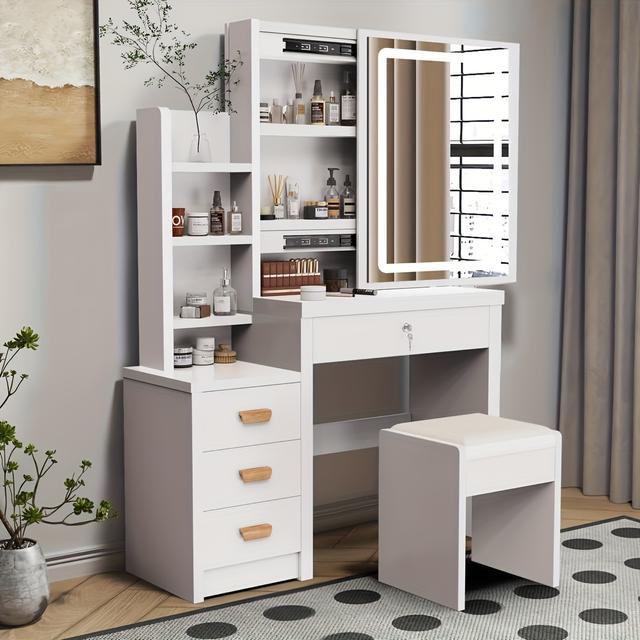 TEMU Tocador de Maquillaje con Espejo y Luces, Mesa de Tocador Blanca con 4 Cajones, Espejo Deslizante y Estantes de Almacenamiento, 3 de Iluminación con Ajustable, Tocador y Silla con Herramientas