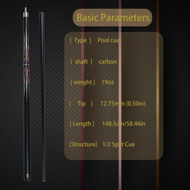TEMU 12.75mm Tip High-quality Multi-layered Carbon Fiber And Glass Fiber Billiard Cue With Metallic Pattern, , Perfect For American And Open Pool Enthusiasts
