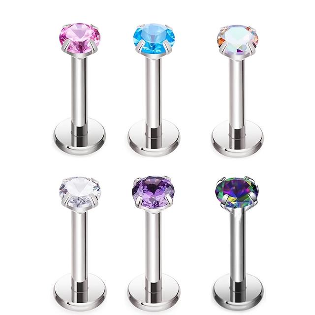 TEMU 2d Flat - Set Of 6 Stainless Steel Labret Stud Earrings, 16g Flat Back Lip Piercing Jewelry With Internal Threads Synthetic Cubic Zirconia For Ear Cartilage Helix Tragus