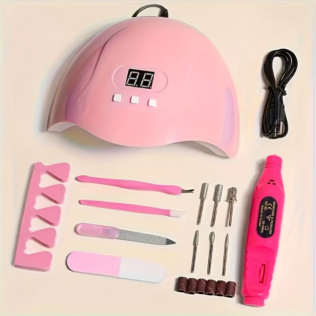 TEMU 7-az-1 Manikűr Készlet, LED Körömlámpával, Gél Szárítóval, USB Körömcsiszolóval, Halott Villa, Halott Toló, Körömreszelővel és Ujjelválasztóval, Alkalmas Manikűrhöz és Lábrelaxáláshoz