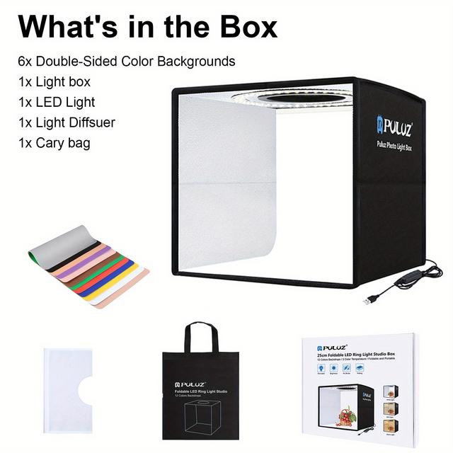 TEMU 25cm/9.84inch Folding Portable 3 Ring Light Photo Lighting Studio Shooting Tent Box With 6 X Dual-side Color Backdrops, Size: 25cm/9.84inch X 25cm/9.84inch X 25cm/9.84inch(black)