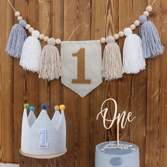 TEMU 3pcs Handmade Boho Blue White Beige Tassel Garland Banner, Cake Topper, Birthday Crown Hat Suitable For Birthday Party Decorations, Photo Props, Room Decorations