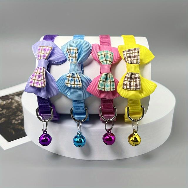 TEMU Conjunto de 4 Collares Ajustables para Gatos con Lazo a Cuadros y Campanas - Collares Elegantes de Poliéster Multicolor para Gatitos y Perros Pequeños, Ideales para Uso Diario