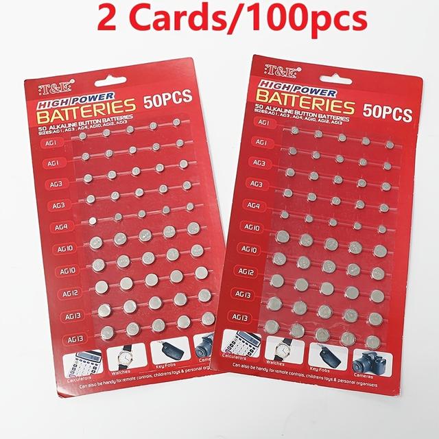 TEMU 100pcs/2 Tarjetas Pilas Alcalinas Surtidas de 1.5 AG1/LR621 AG3/LR41 AG4/LR626 AG10/LR1130 AG12/LR43 AG13/LR44 Juego de Pilas de Moneda