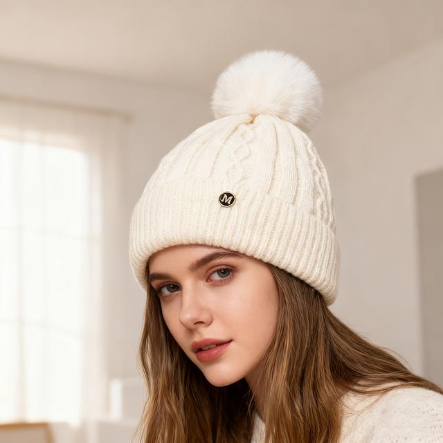 TEMU 1 Winter Warm Beanie For Women, New Thickened -lined Windproof Ear Protection Hat With Pom Pom, Multiple Colors