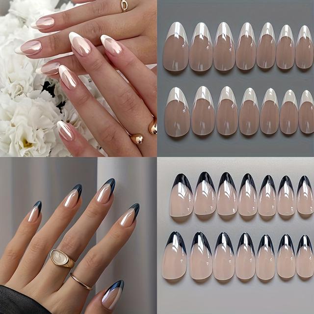 TEMU 2 Packs Of Press-on Nails (48pcs), Stunning Chrome-finished Pink Glossy Nails, Almond-shaped Nails, And A And White French Combination