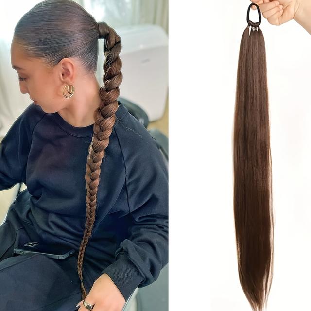 TEMU Cola de Cabello Sintético Natural de 28 Pulgadas para Mujeres con Adorno Trenzado y Banda Elástica - Largas y Rectas Resistentes para Volumen, Densidad o Extensiones (Compatible Tipo de Cabello)