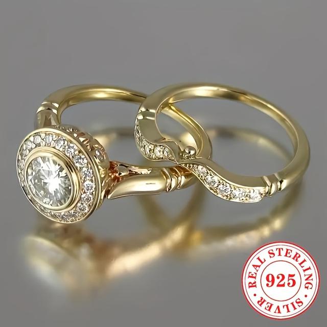 TEMU 2-teiliger Damen Ring-Set aus S925 Sterlingsilber mit glänzendem synthetischem Zirkonia für Verlobung, Hochzeit und Fest